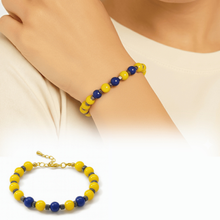 Gold Renk Metal Zincirli Küre Kesim Sarı Lacivert Jade Hematit Doğaltaş Kadın Taraftar Bileklik - Tesbihane