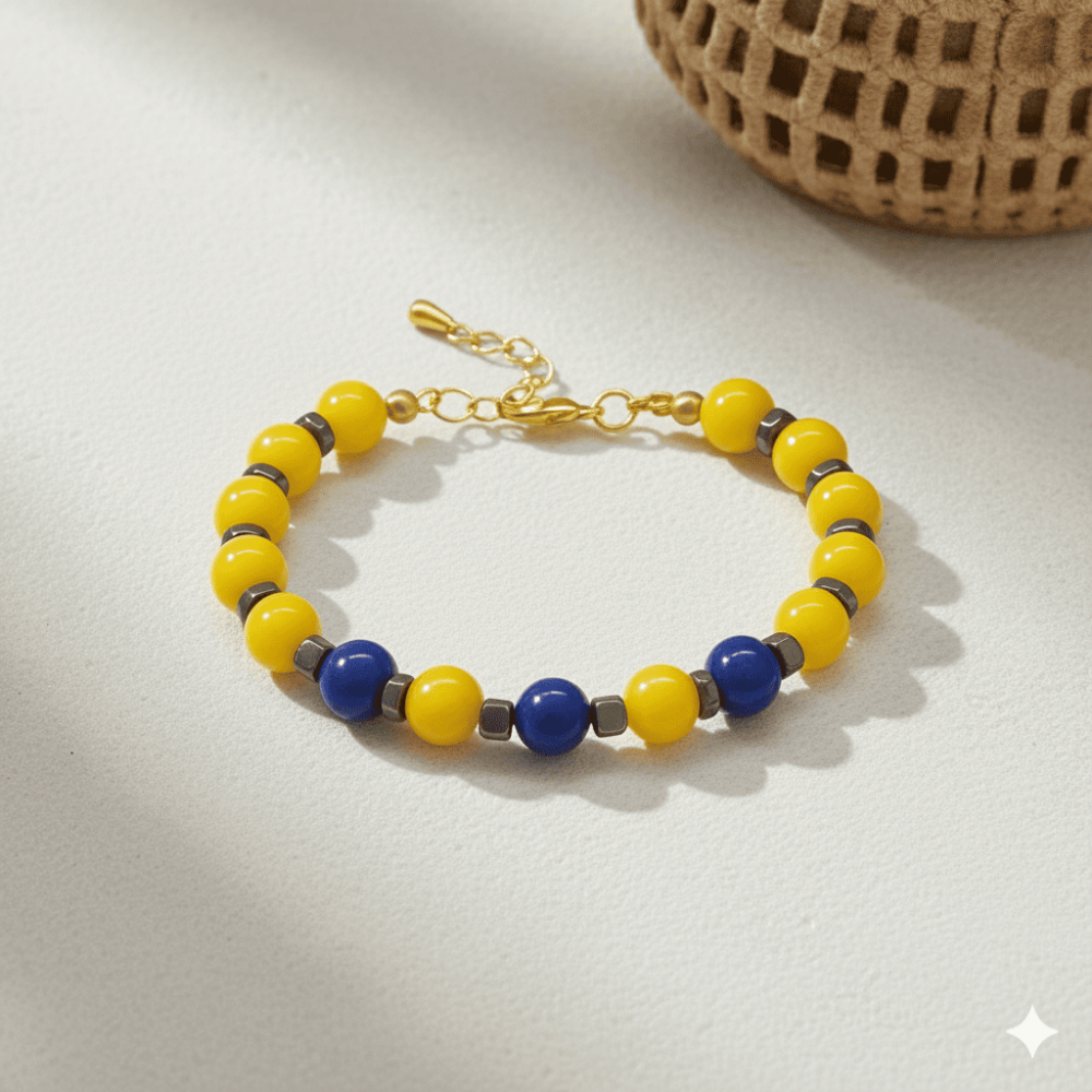 Gold Renk Metal Zincirli Küre Kesim Sarı Lacivert Jade Hematit Doğaltaş Kadın Taraftar Bileklik - 3