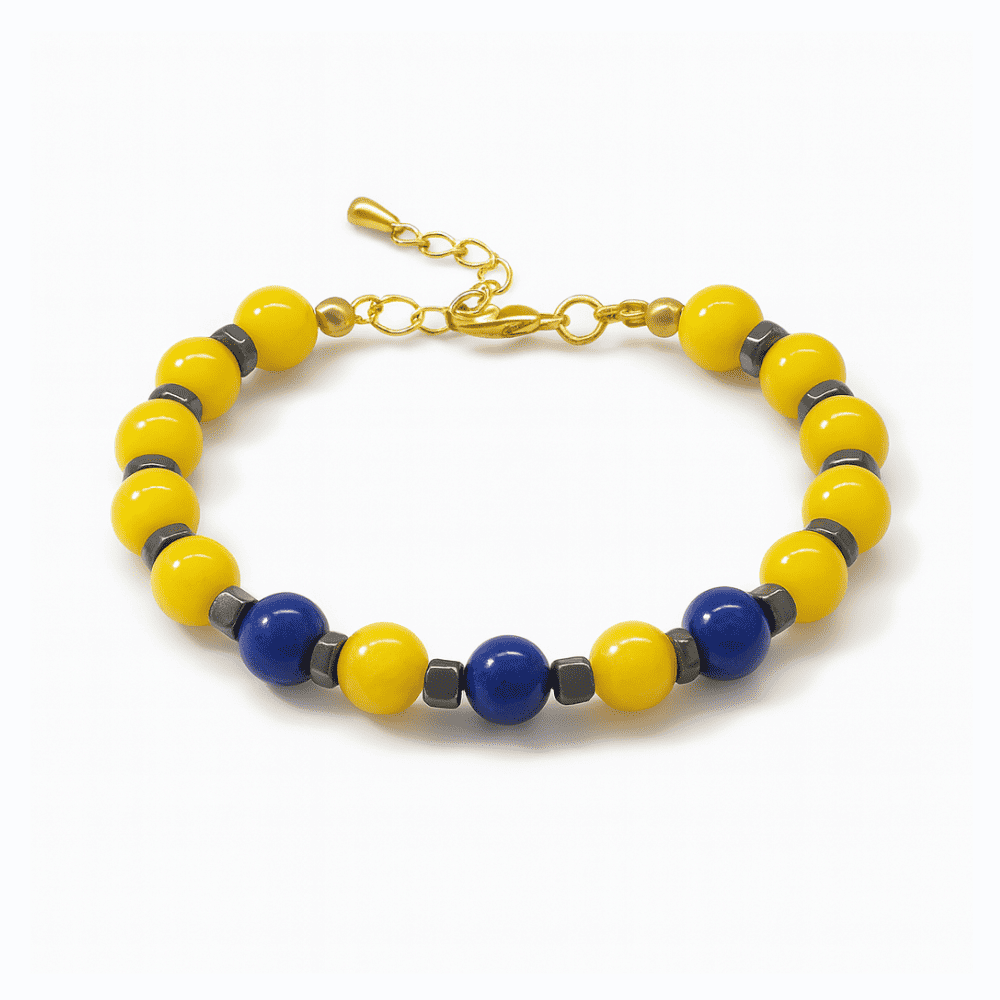Gold Renk Metal Zincirli Küre Kesim Sarı Lacivert Jade Hematit Doğaltaş Kadın Taraftar Bileklik - 4