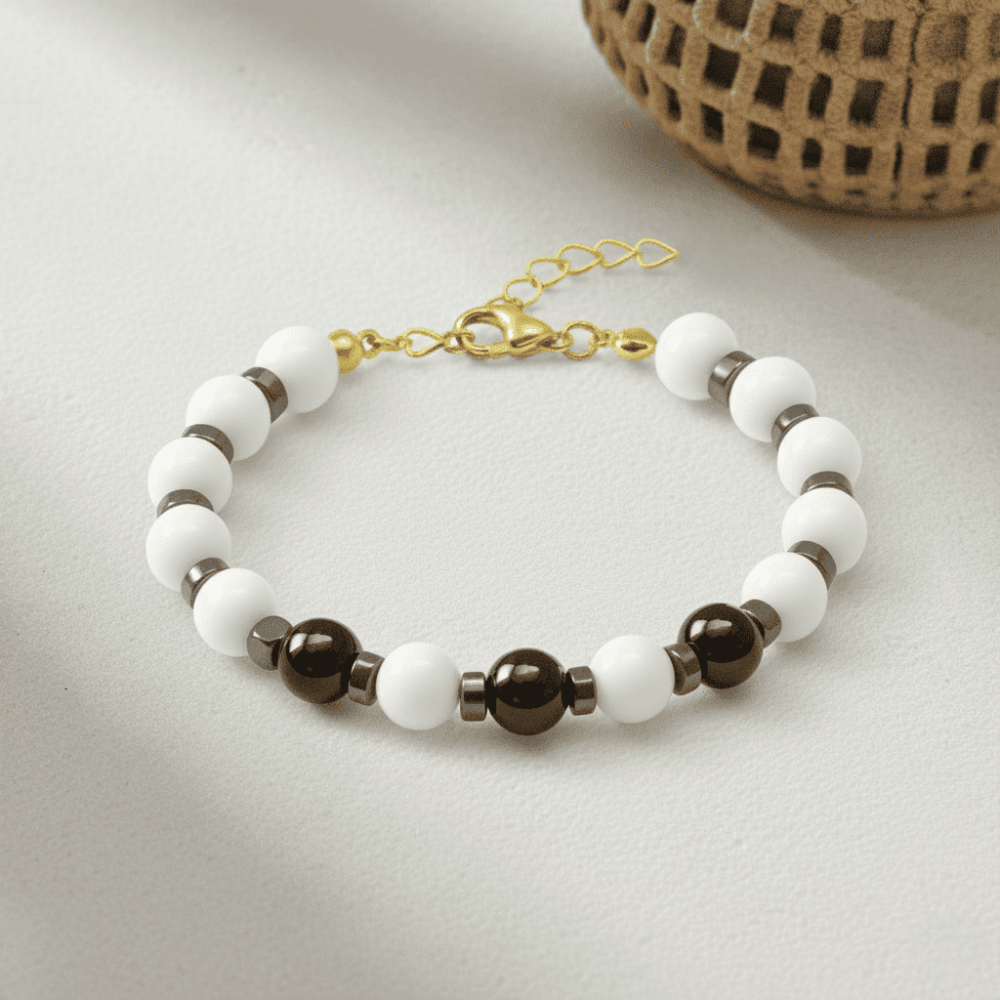Gold Renk Metal Zincirli Küre Kesim Siyah Beyaz Jade Oniks Hematit Doğaltaş Kadın Taraftar Bileklik - 4