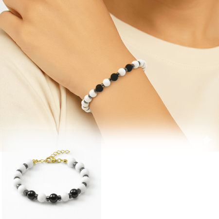 Gold Renk Metal Zincirli Küre Kesim Siyah Beyaz Jade Oniks Hematit Doğaltaş Kadın Taraftar Bileklik - Tesbihane