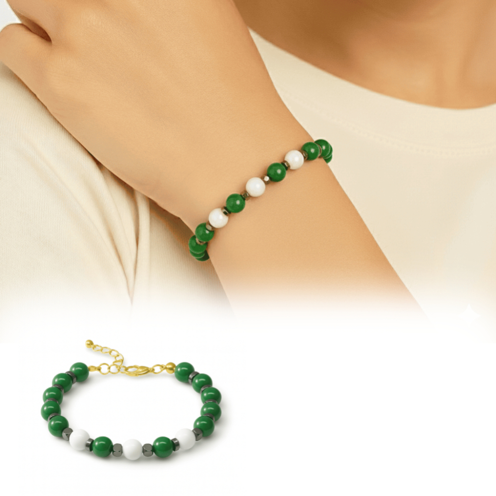 Gold Renk Kararmaz Metal Zincir Küre Kesim Yeşil Beyaz Jade Hematit Doğaltaş Kadın Taraftar Bileklik - 1