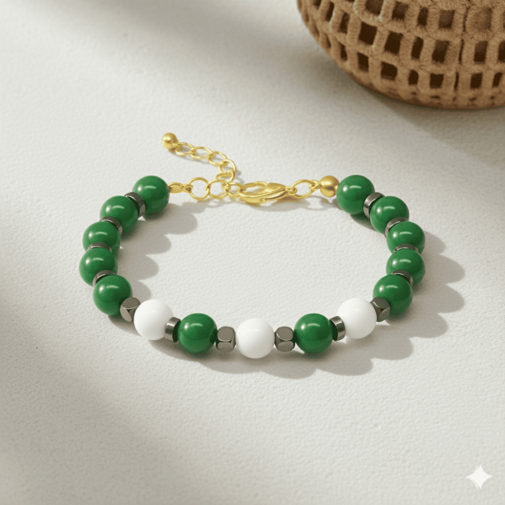 Gold Renk Kararmaz Metal Zincir Küre Kesim Yeşil Beyaz Jade Hematit Doğaltaş Kadın Taraftar Bileklik - 3