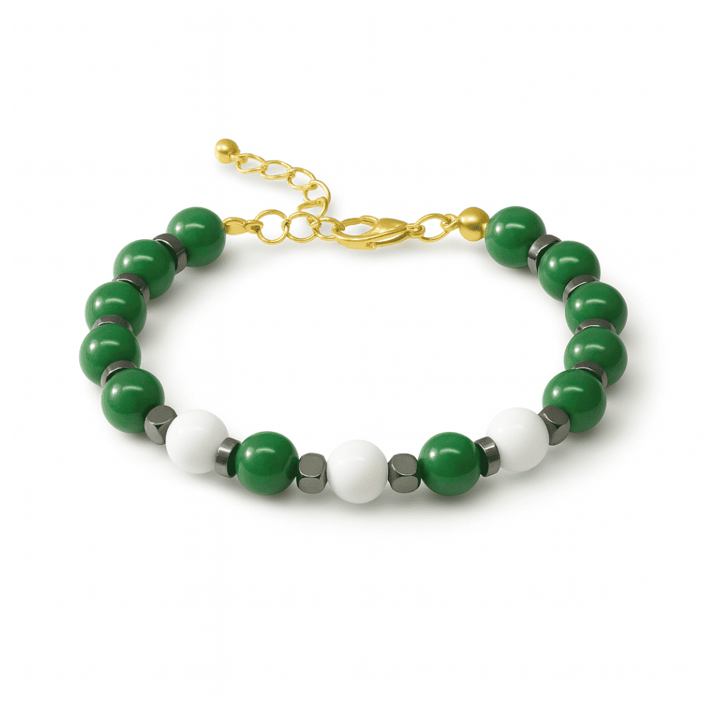 Gold Renk Kararmaz Metal Zincir Küre Kesim Yeşil Beyaz Jade Hematit Doğaltaş Kadın Taraftar Bileklik - 4