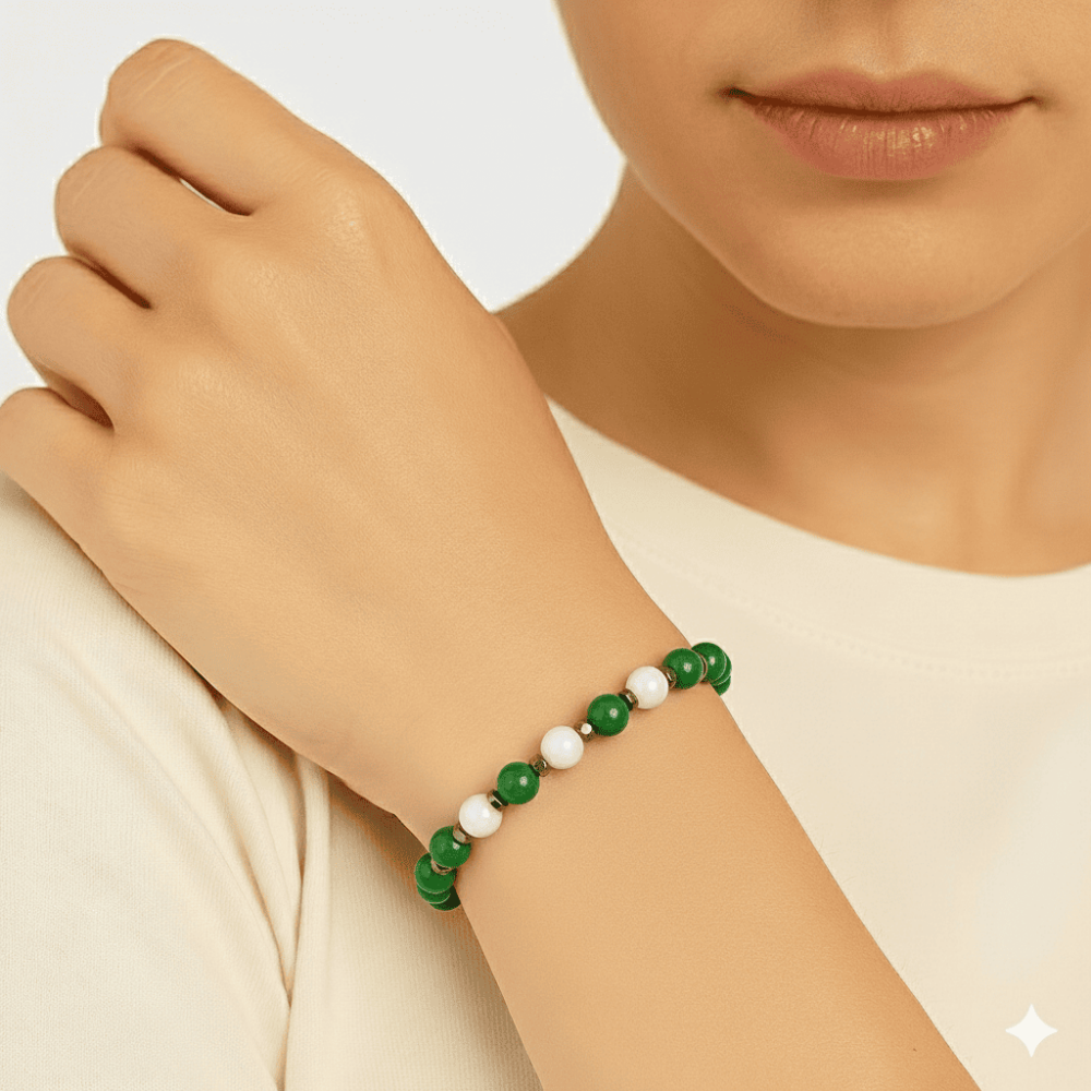 Gold Renk Kararmaz Metal Zincir Küre Kesim Yeşil Beyaz Jade Hematit Doğaltaş Kadın Taraftar Bileklik - 2