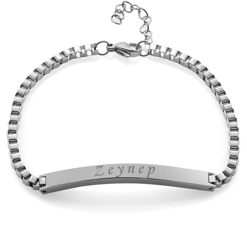 Gümüş Renk Kişiye Özel İsim Yazılı Çelik Kadın Box Zincir Bileklik - 2