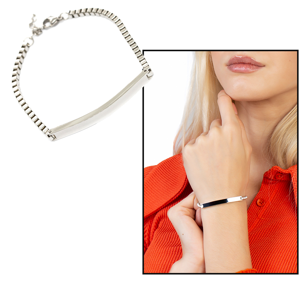 Gümüş Renk Kişiye Özel İsim Yazılı Çelik Kadın Box Zincir Bileklik - 1