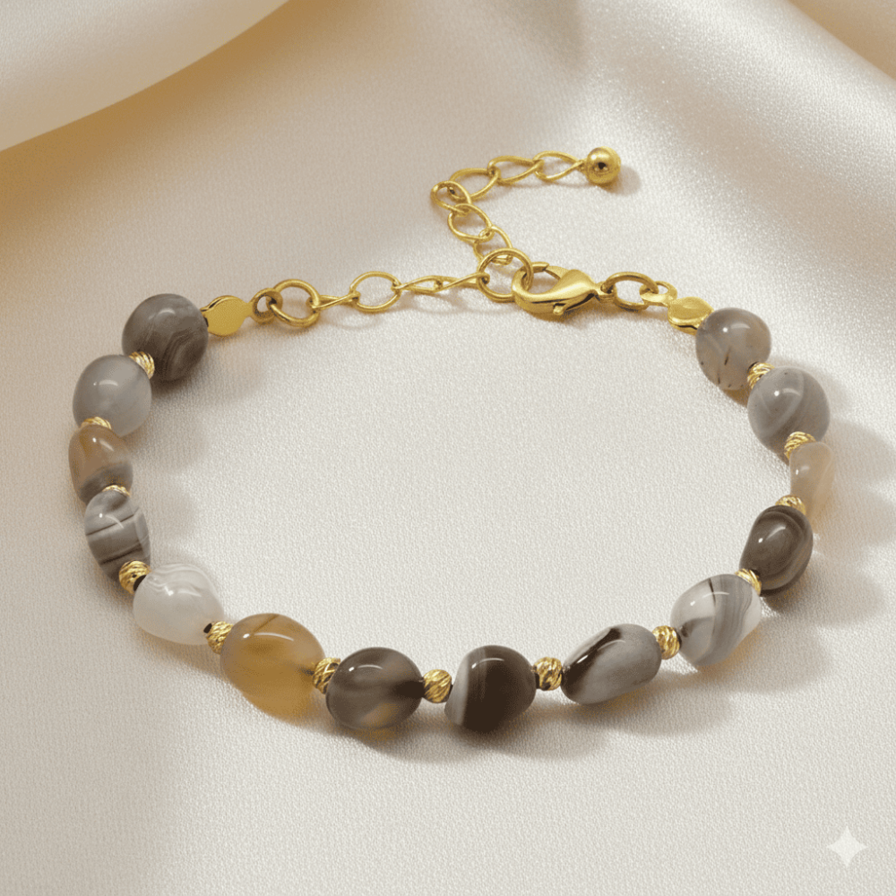 Altın Rengi Metal Zincirli Dorika Top Süslemeli Amorf Madagaskar Akik Doğaltaş Kadın Bileklik - 3