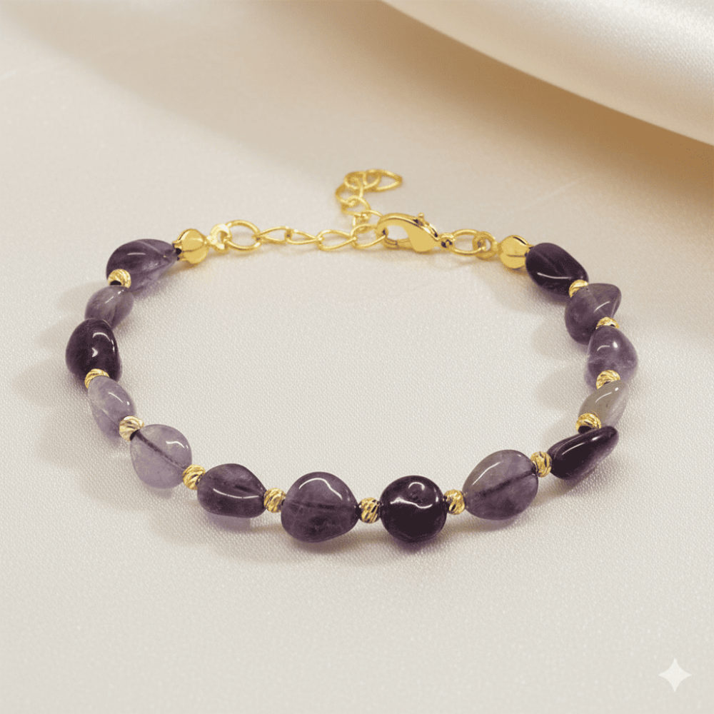 Altın Rengi Metal Zincirli Dorika Top Süslemeli Amorf Ametist Doğaltaş Kadın Bileklik - 3