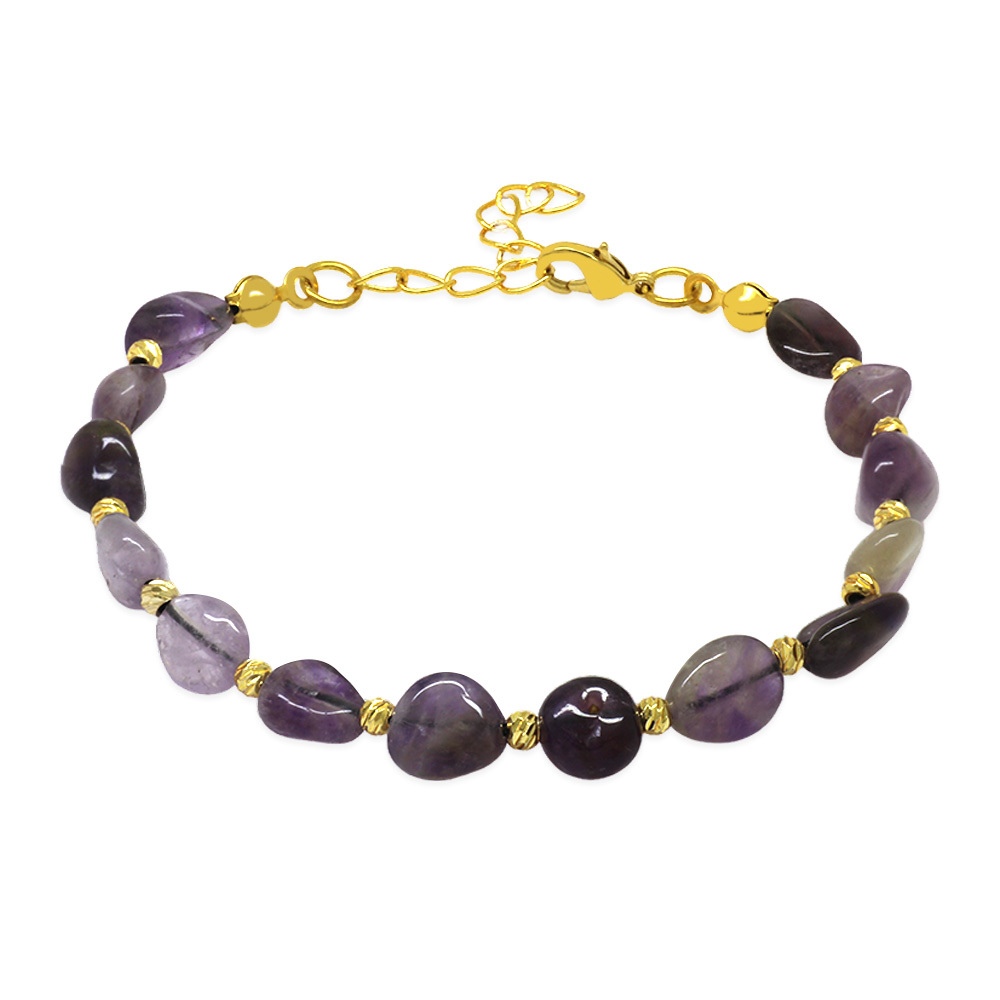 Altın Rengi Metal Zincirli Dorika Top Süslemeli Amorf Ametist Doğaltaş Kadın Bileklik - 1