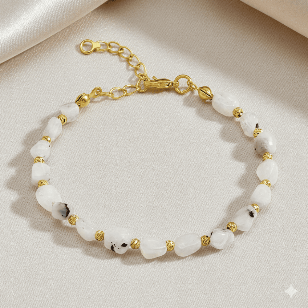 Altın Rengi Metal Zincirli Dorika Top Süslemeli Amorf Ay Taşı Doğaltaş Kadın Bileklik - 3