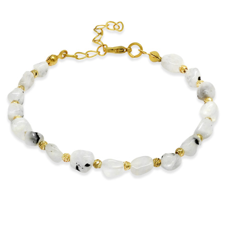 Altın Rengi Metal Zincirli Dorika Top Süslemeli Amorf Ay Taşı Doğaltaş Kadın Bileklik - Tesbihane