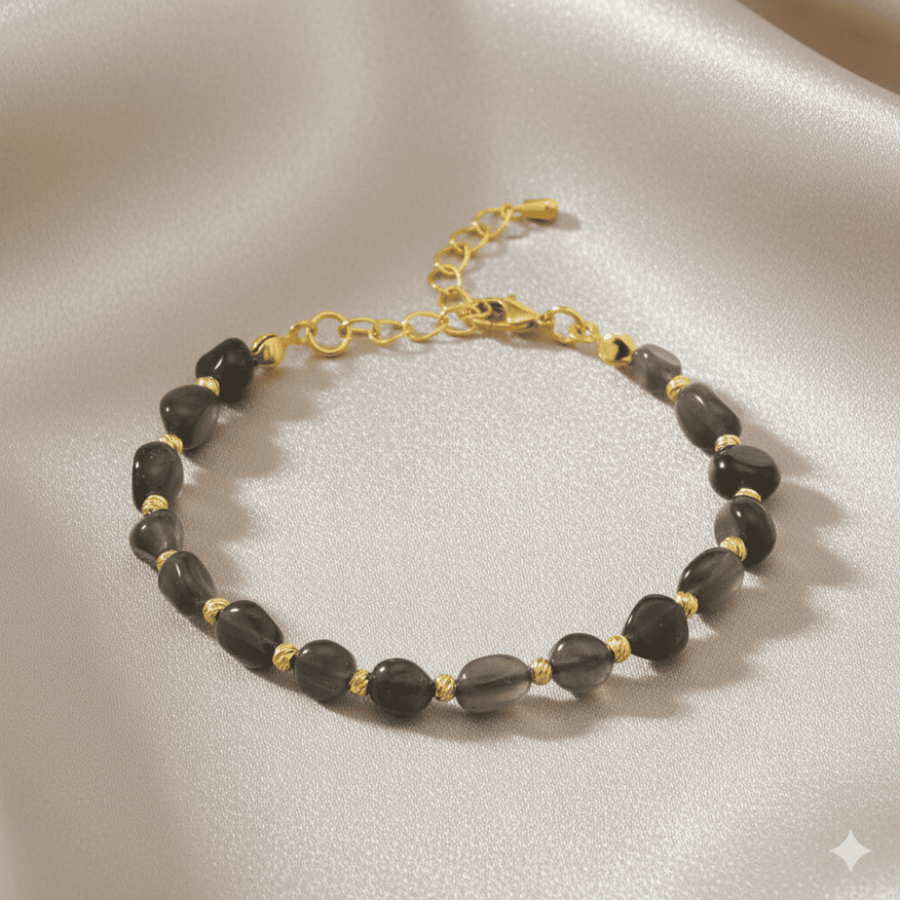 Altın Rengi Metal Zincirli Dorika Top Süslemeli Amorf Dumanlı Kuvars Doğaltaş Kadın Bileklik - 3