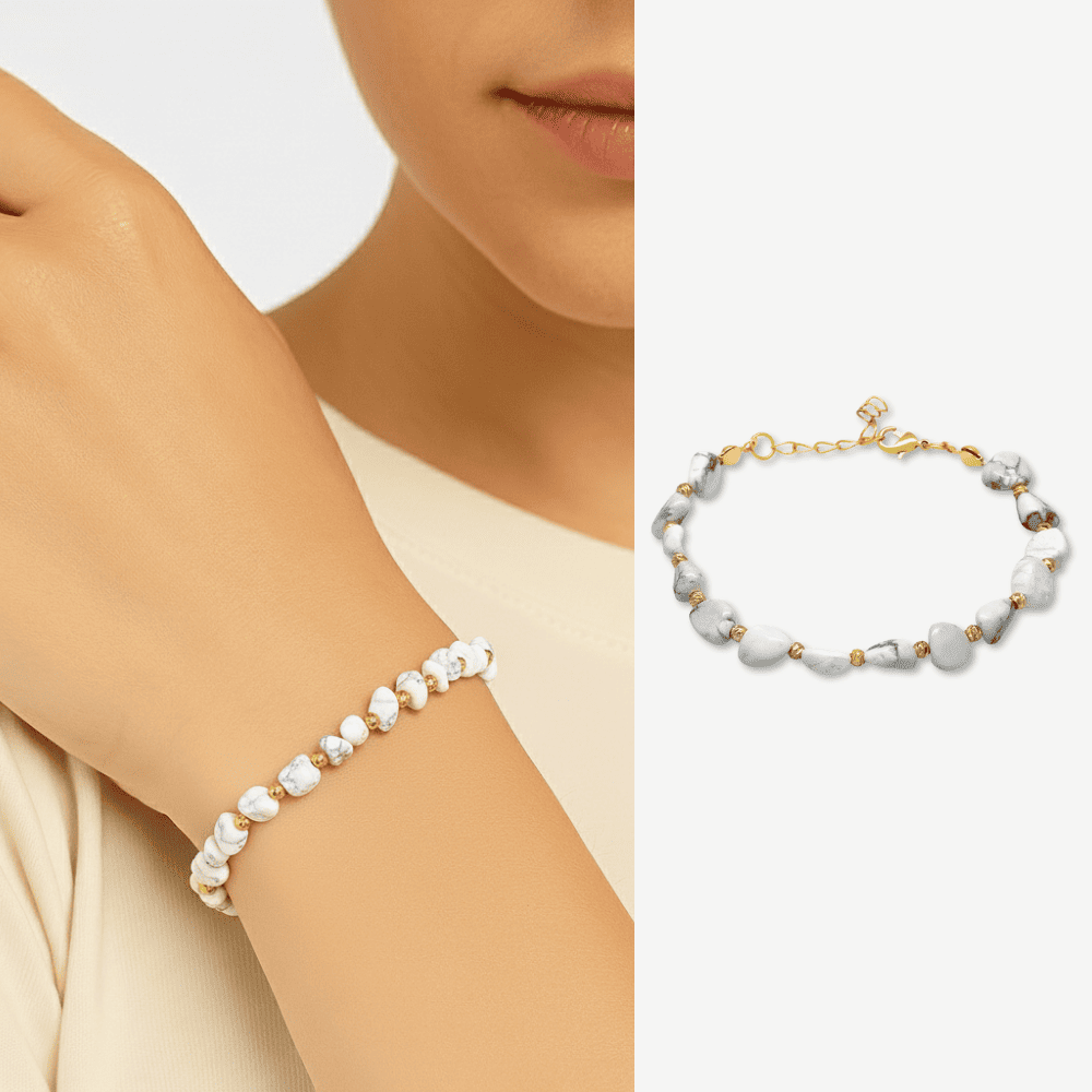 Altın Rengi Metal Zincirli Dorika Top Süslemeli Amorf Havlit Doğaltaş Kadın Bileklik - 1