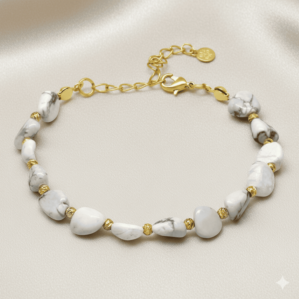 Altın Rengi Metal Zincirli Dorika Top Süslemeli Amorf Havlit Doğaltaş Kadın Bileklik - 3