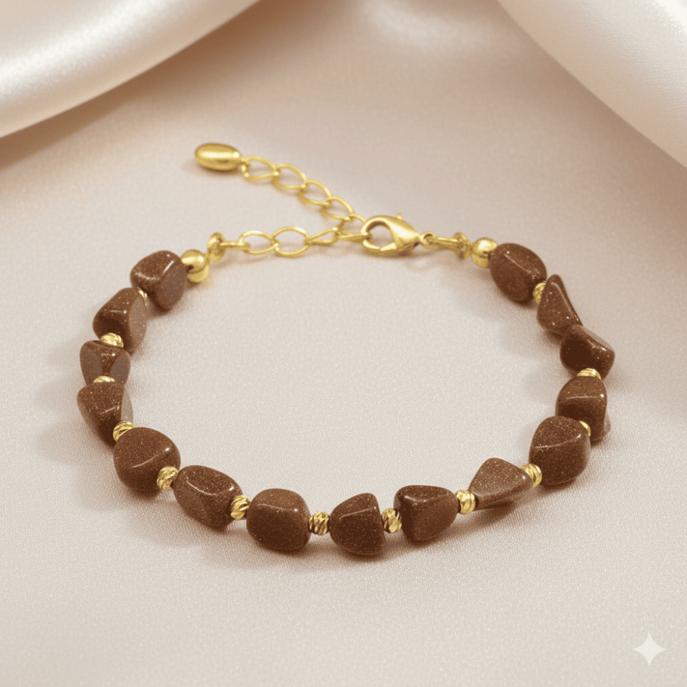 Altın Rengi Metal Zincirli Dorika Top Süslemeli Amorf Kahverengi Yıldız Taşı Doğaltaş Kadın Bileklik - 3