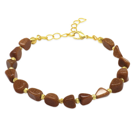 Altın Rengi Metal Zincirli Dorika Top Süslemeli Amorf Kahverengi Yıldız Taşı Doğaltaş Kadın Bileklik - Tesbihane