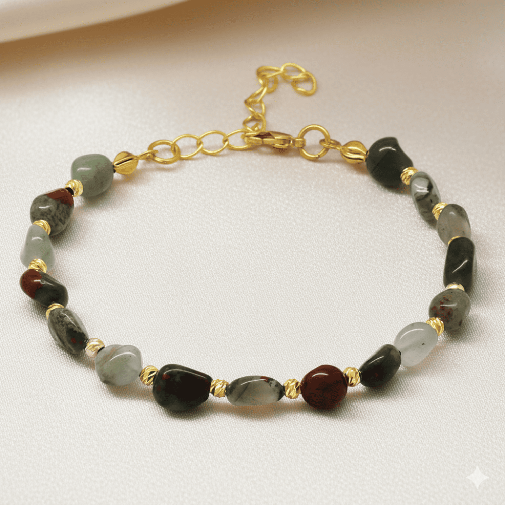 Altın Rengi Metal Zincirli Dorika Top Süslemeli Amorf Kan Taşı Doğaltaş Kadın Bileklik - 3