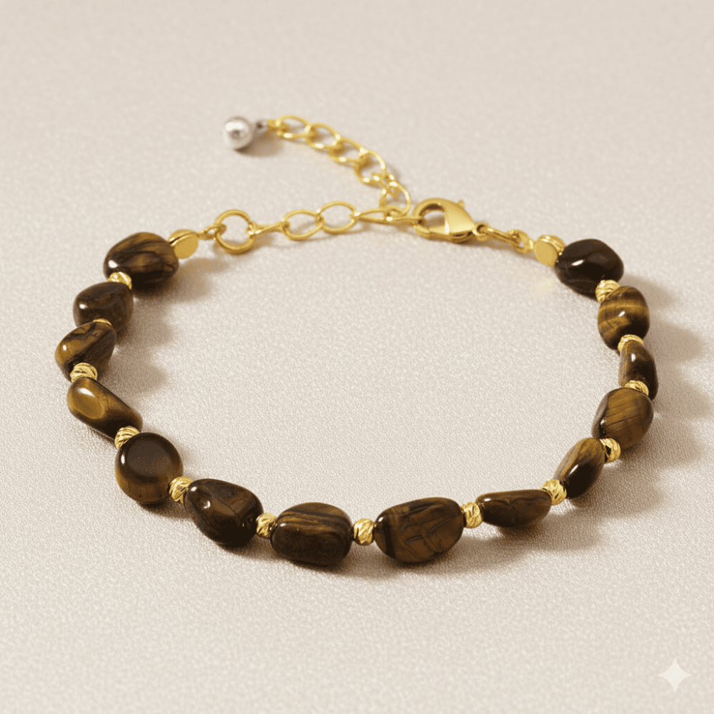 Altın Rengi Metal Zincirli Dorika Top Süslemeli Amorf Kaplan Gözü Doğaltaş Kadın Bileklik - 3