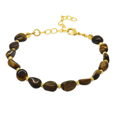 Altın Rengi Metal Zincirli Dorika Top Süslemeli Amorf Kaplan Gözü Doğaltaş Kadın Bileklik - Tesbihane