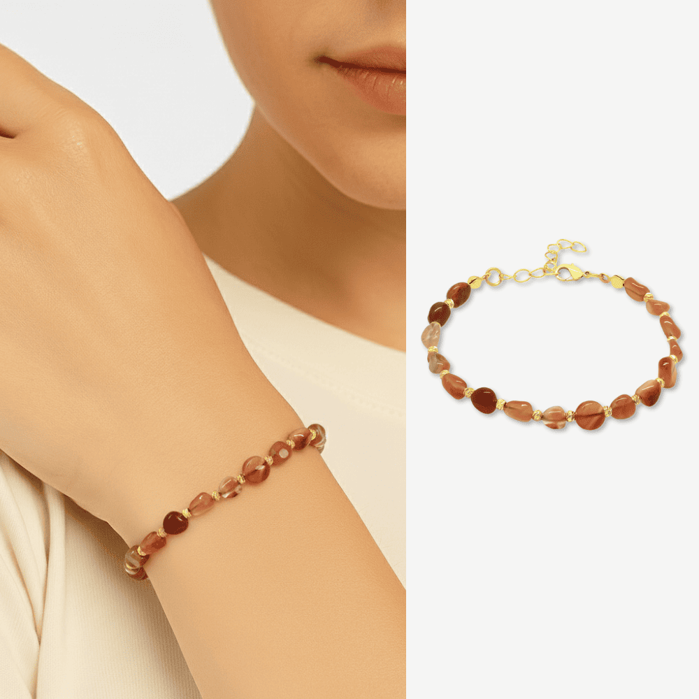 Altın Rengi Metal Zincirli Dorika Top Süslemeli Amorf Kırmızı Beyaz Akik Doğaltaş Kadın Bileklik - 1