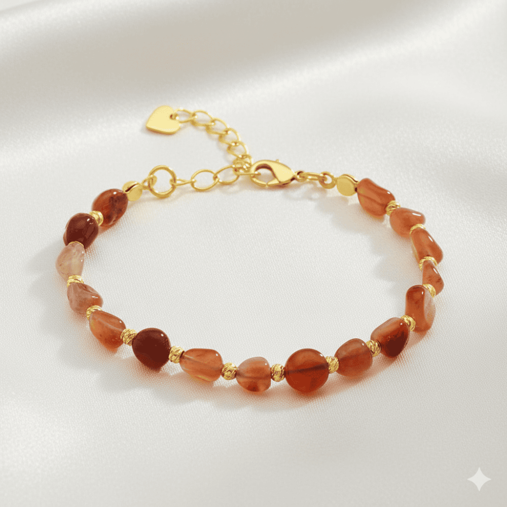 Altın Rengi Metal Zincirli Dorika Top Süslemeli Amorf Kırmızı Beyaz Akik Doğaltaş Kadın Bileklik - 3