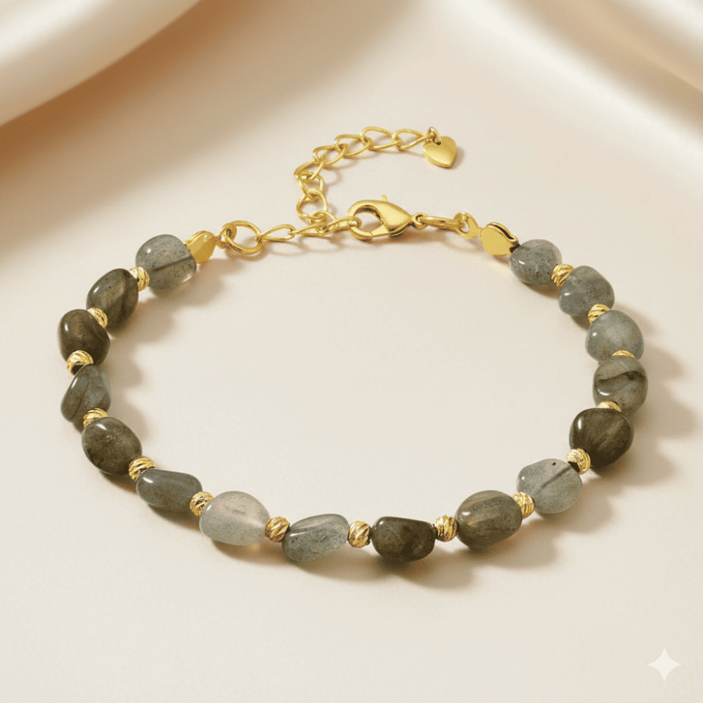 Altın Rengi Metal Zincirli Dorika Top Süslemeli Amorf Labradorit Doğaltaş Kadın Bileklik - 3