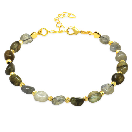 Altın Rengi Metal Zincirli Dorika Top Süslemeli Amorf Labradorit Doğaltaş Kadın Bileklik - Tesbihane
