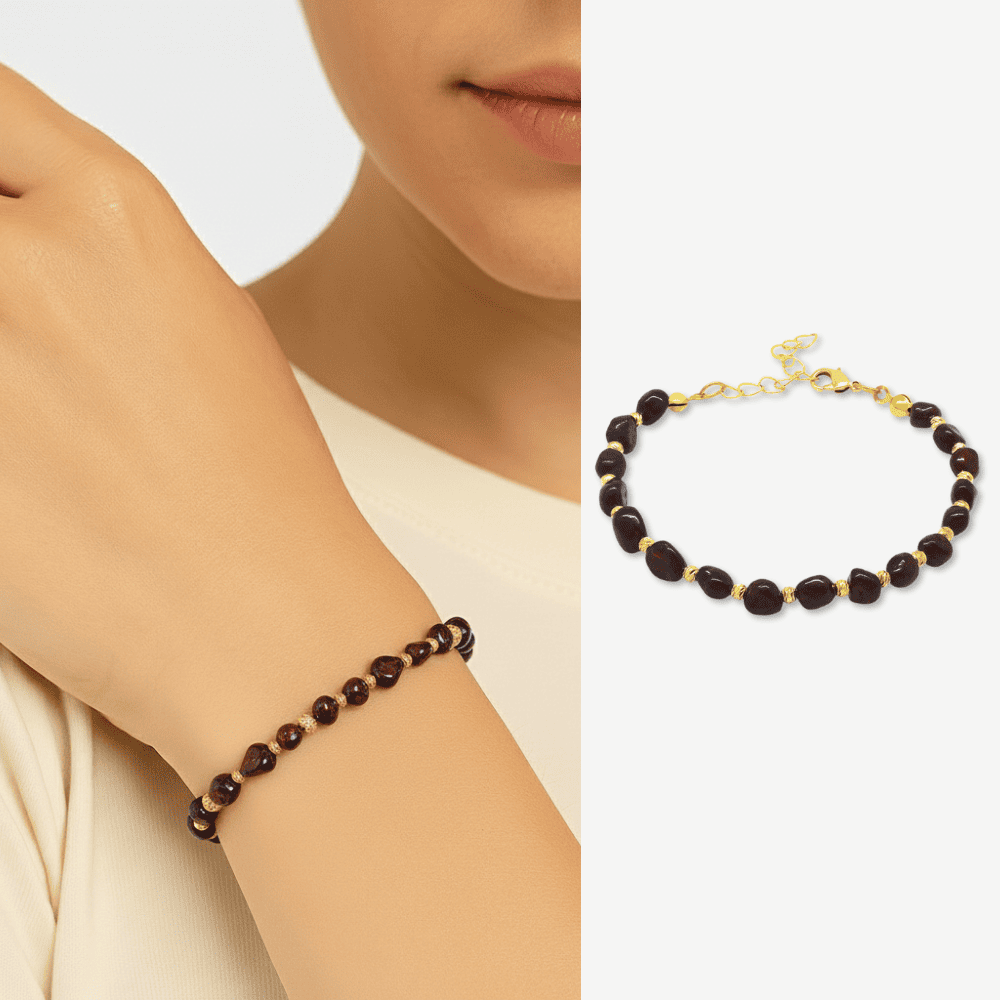 Altın Rengi Metal Zincirli Dorika Top Süslemeli Amorf Lal Taşı Doğaltaş Kadın Bileklik - 1