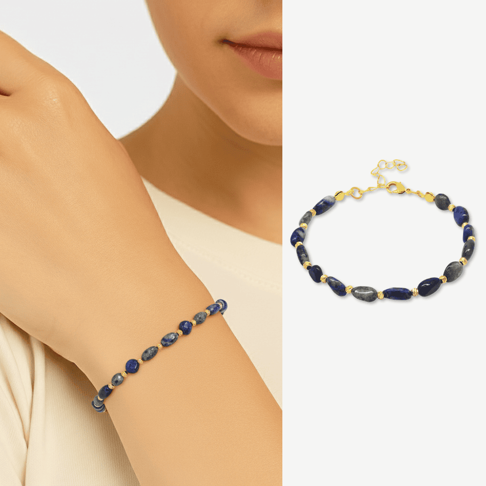 Altın Rengi Metal Zincirli Dorika Top Süslemeli Amorf Lapis Doğaltaş Kadın Bileklik - 1