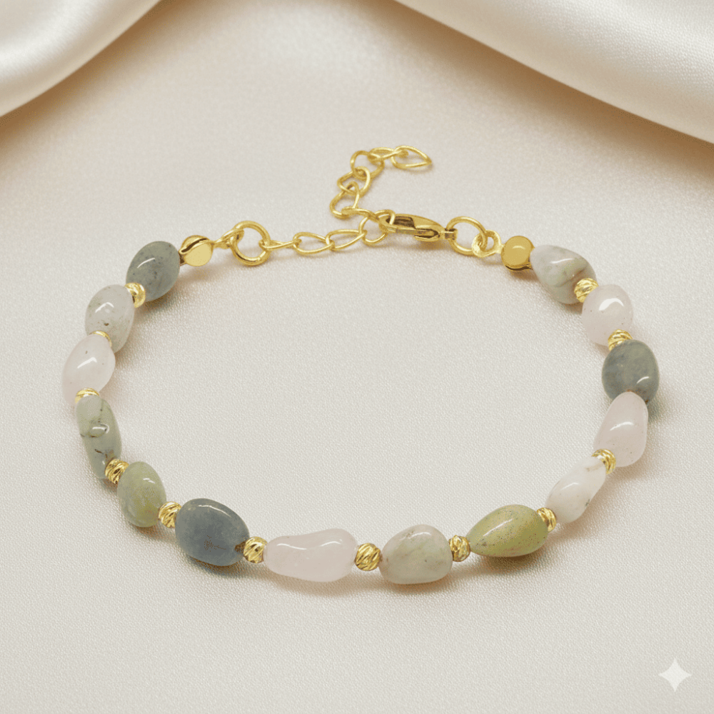Altın Rengi Metal Zincirli Dorika Top Süslemeli Amorf Morganit Doğaltaş Kadın Bileklik - 3