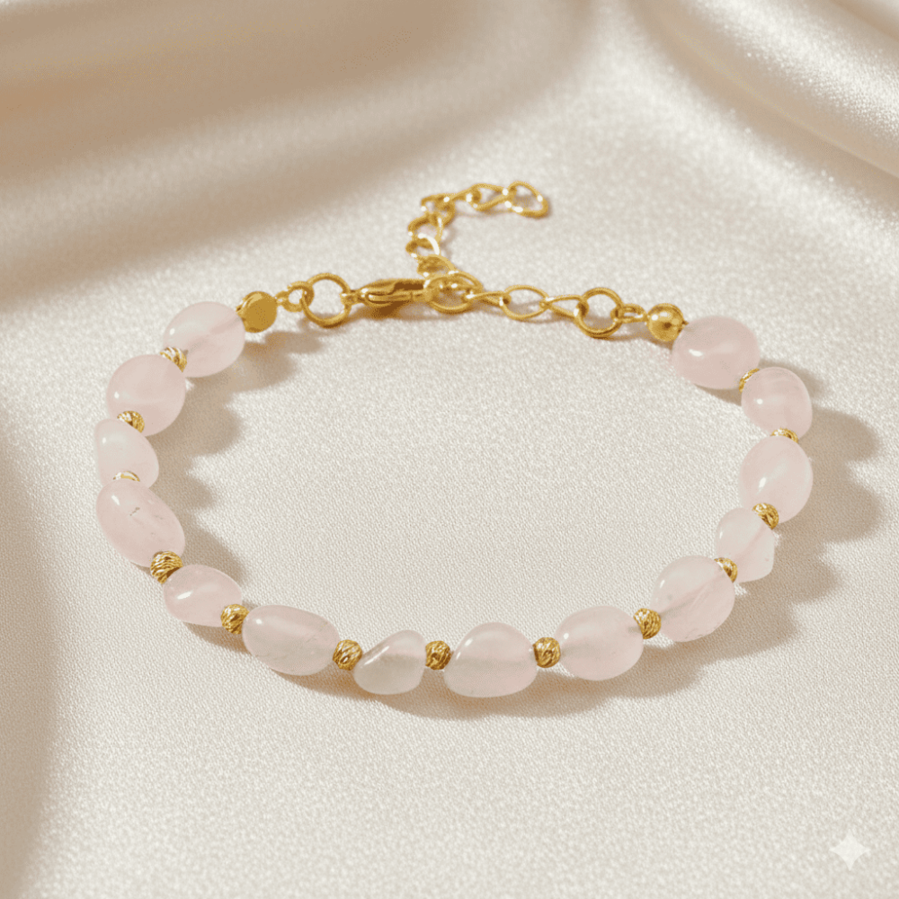 Altın Rengi Metal Zincirli Dorika Top Süslemeli Amorf Pembe Kuvars Doğaltaş Kadın Bileklik - 3