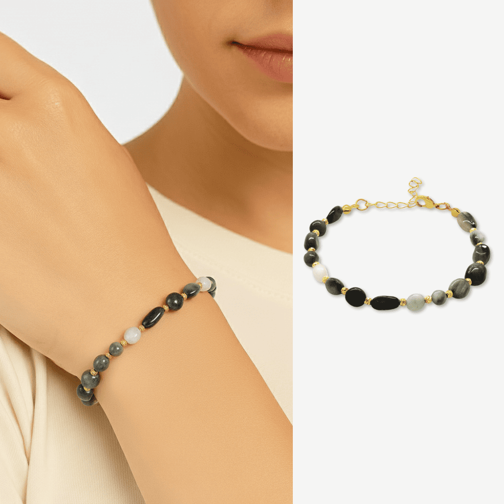 Altın Rengi Metal Zincirli Dorika Top Süslemeli Amorf Şahin Gözü Doğaltaş Kadın Bileklik - 1