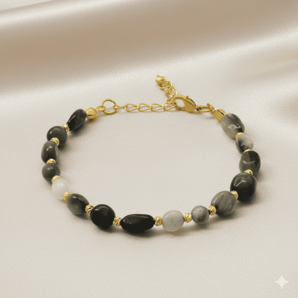 Altın Rengi Metal Zincirli Dorika Top Süslemeli Amorf Şahin Gözü Doğaltaş Kadın Bileklik - 3