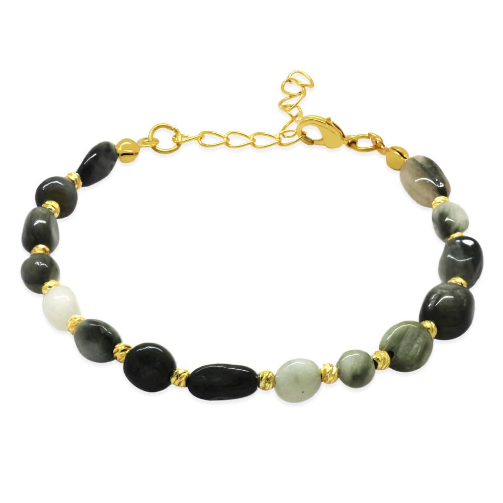 Altın Rengi Metal Zincirli Dorika Top Süslemeli Amorf Şahin Gözü Doğaltaş Kadın Bileklik - 4