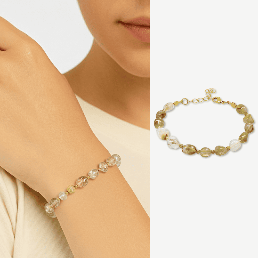 Altın Rengi Metal Zincirli Dorika Top Süslemeli Amorf Sitrin Doğaltaş Kadın Bileklik - 1