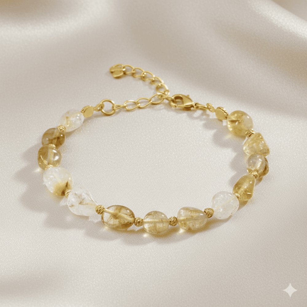 Altın Rengi Metal Zincirli Dorika Top Süslemeli Amorf Sitrin Doğaltaş Kadın Bileklik - 3