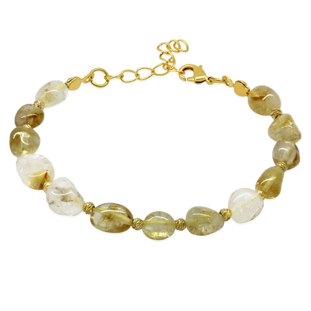 Altın Rengi Metal Zincirli Dorika Top Süslemeli Amorf Sitrin Doğaltaş Kadın Bileklik - 4