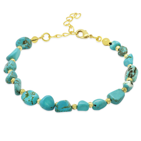 Altın Rengi Metal Zincirli Dorika Top Süslemeli Amorf Turkuaz Firuze Doğaltaş Kadın Bileklik - Tesbihane