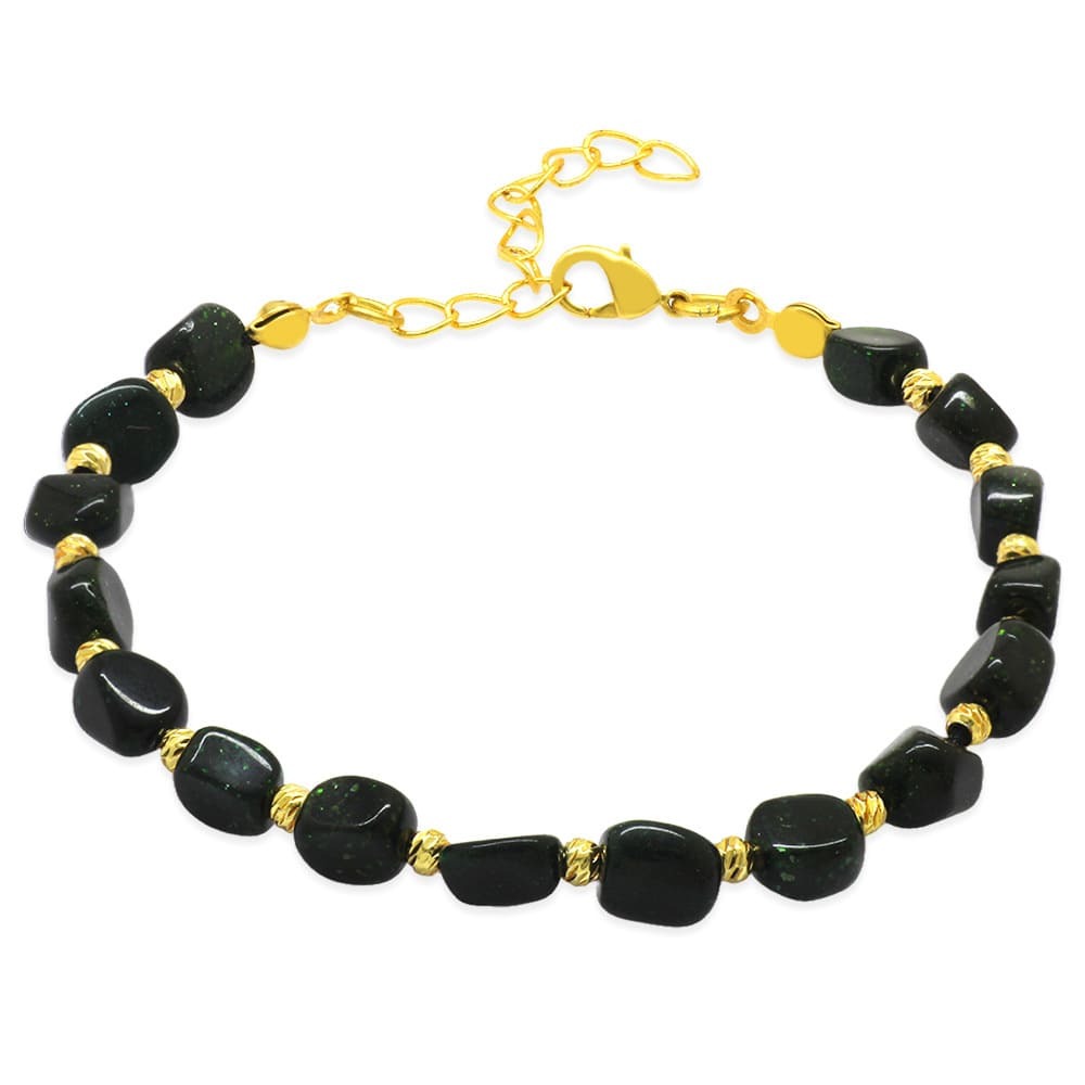 Altın Rengi Metal Zincirli Dorika Top Süslemeli Amorf Yeşil Yıldız Taşı Doğaltaş Kadın Bileklik - 4