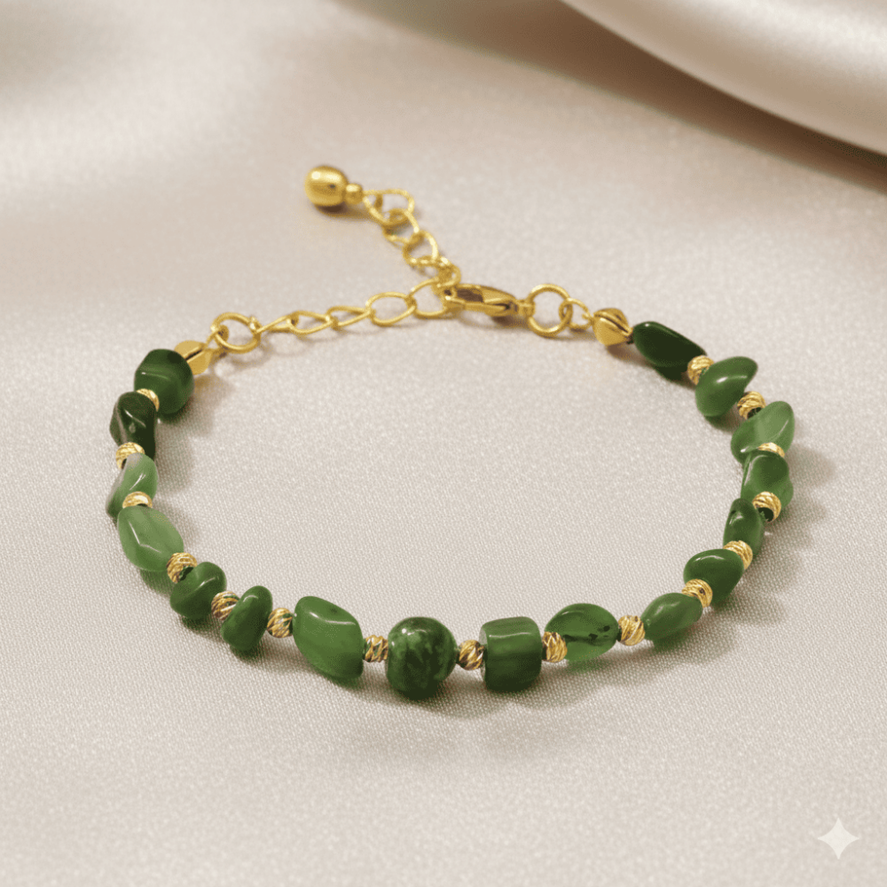 Altın Rengi Metal Zincirli Dorika Top Süslemeli Amorf Yeşim Taşı Doğaltaş Kadın Bileklik - 3