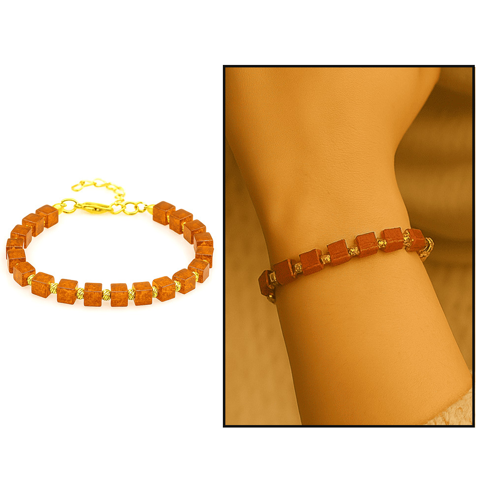 Gold Renk Metal Zincir Dorika Top Süslemeli Küp Kesim Bal Rengi Doğal Damla Kehribar Kadın Bileklik - 1