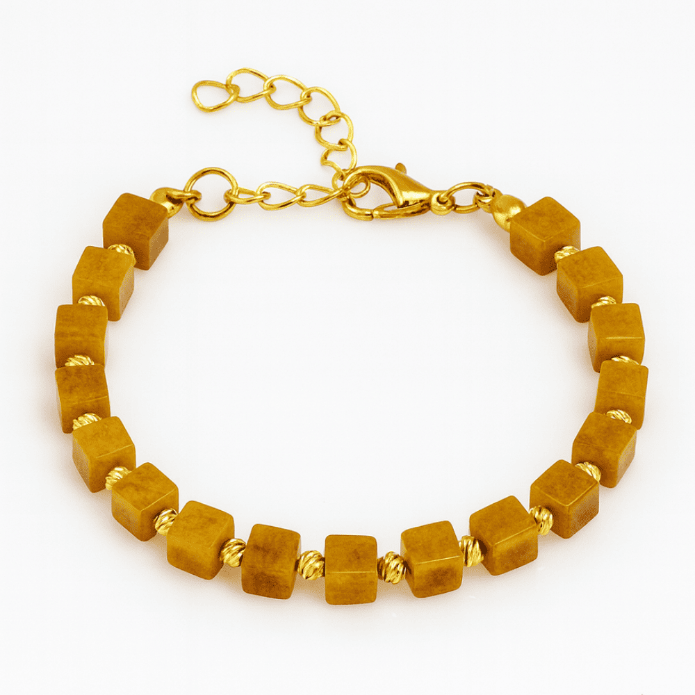 Gold Renk Metal Zincirli Dorika Süslemeli Küp Kesim Hardal Rengi Doğal Damla Kehribar Kadın Bileklik - 2
