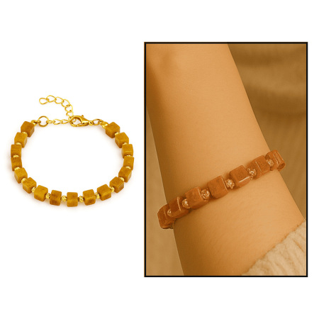 Gold Renk Metal Zincirli Dorika Süslemeli Küp Kesim Hardal Rengi Doğal Damla Kehribar Kadın Bileklik - Tesbihane
