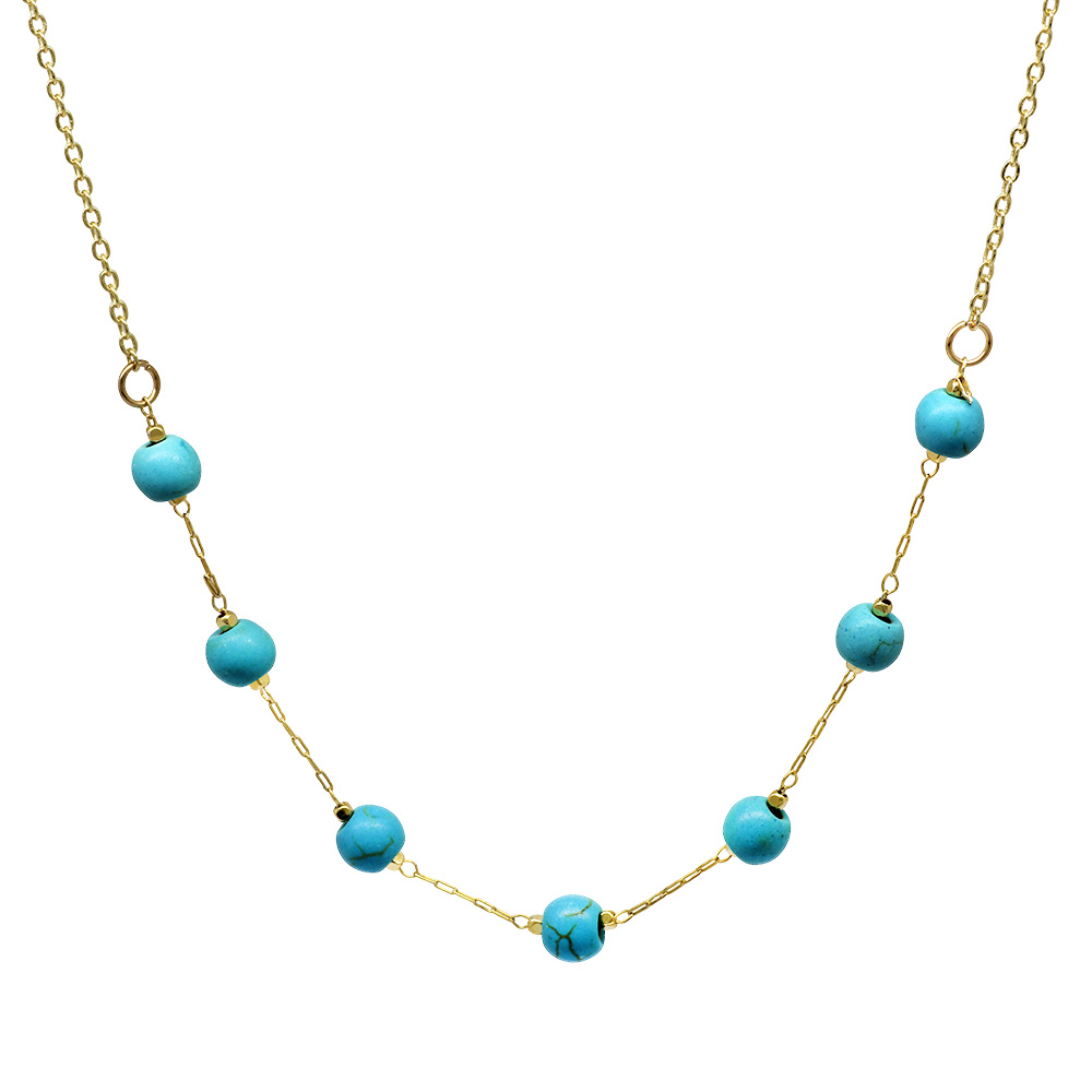 Altın Renk Metal Zincirli Firuze Turkuaz Doğaltaş Kadın Kolye - 1