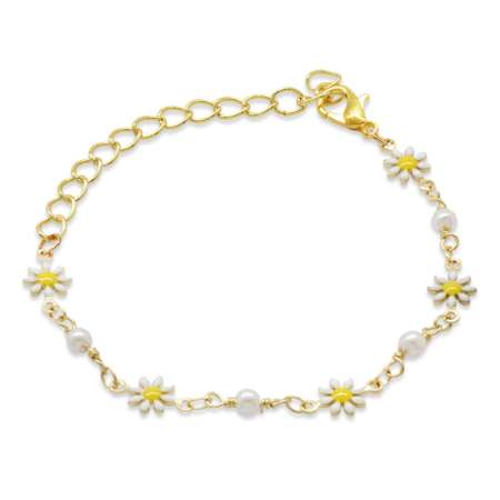 Altın Renk Metal Zincirli İnci Süslemeli Kır Çiçeği Detaylı Kadın Bileklik - Tesbihane