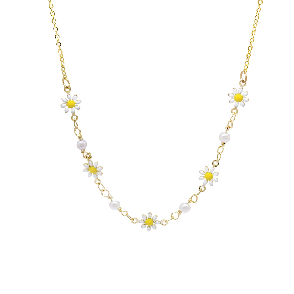 Altın Renk Metal Zincirli İnci Süslemeli Kır Çiçeği Detaylı Kadın Kolye - 1