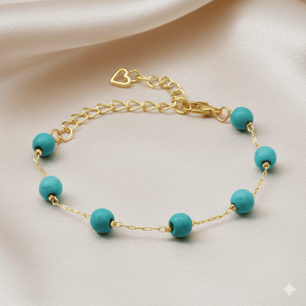Altın Renk Metal Zincirli Küre Kesim Firuze Turkuaz Doğaltaş Kadın Bileklik - 3