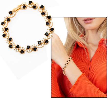 Altın Renk Siyah Beyaz Zirkon Taşlı Tam Tur Çelik Kadın Bileklik - Tesbihane