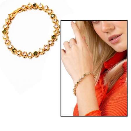 Altın Renk Zirkon Taşlı Tam Tur Çelik Kadın Bileklik - Tesbihane